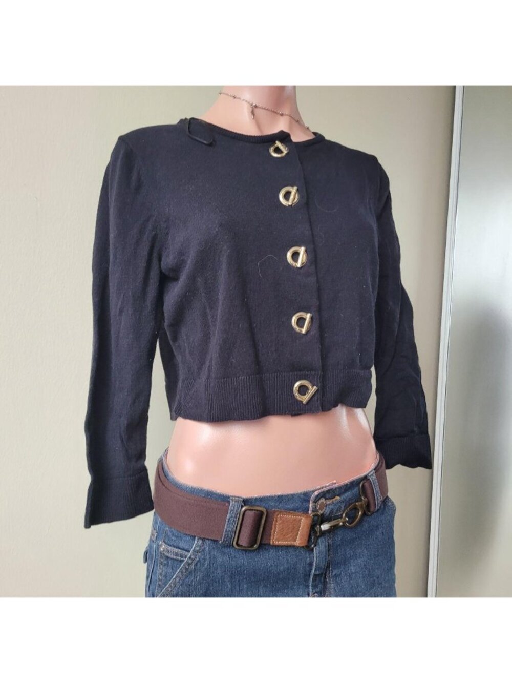 Calvin Klein Unique Metallic Chain Accent 3/4 Sleeve Black Knit Cardigan Top (M) - Picture 3 of 6